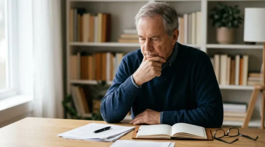 Senior reviewing health planning documents with thoughtful expression in natural light