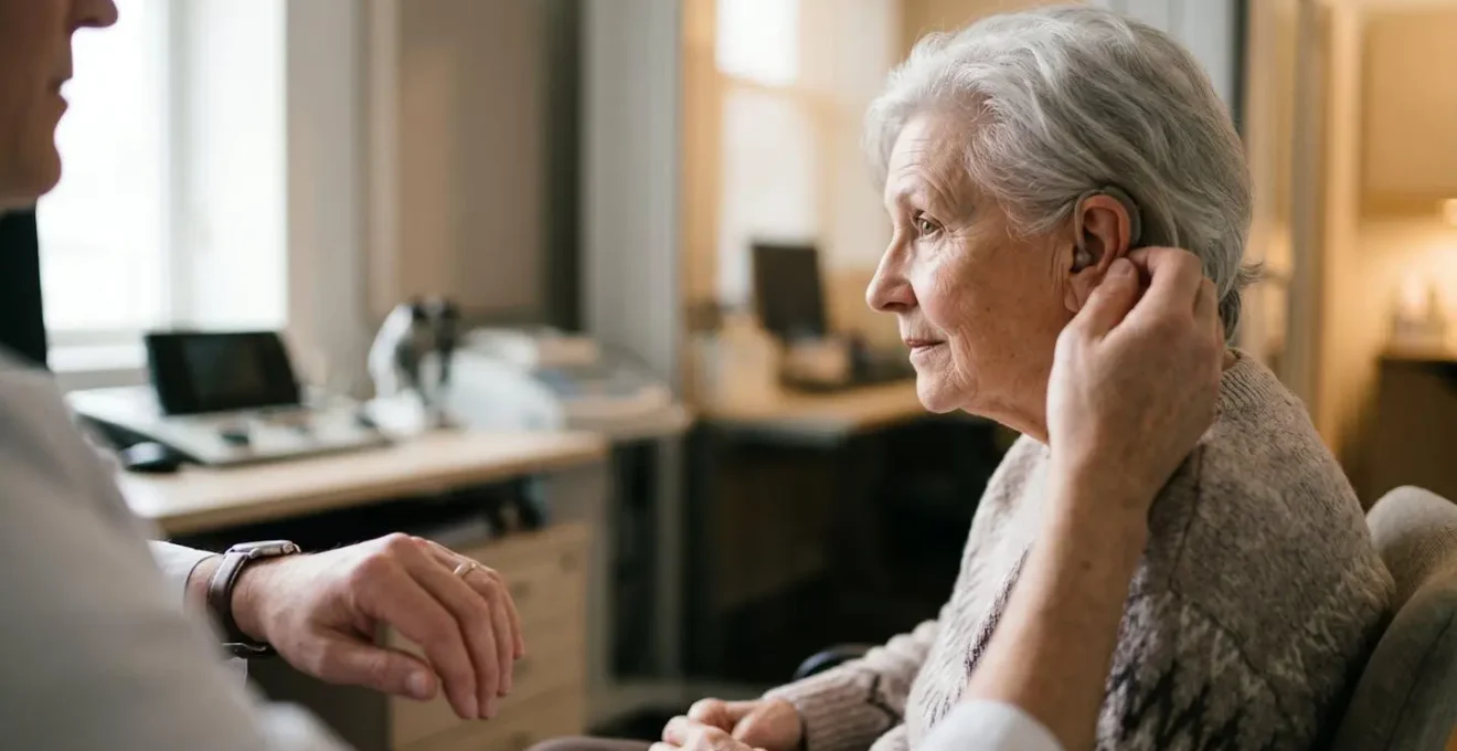 A warm, relatable moment showing a senior adult during an audiological consultation, symbolizing the gateway to renewed social connection and cognitive health