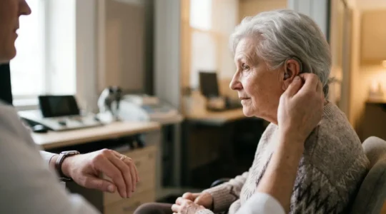 A warm, relatable moment showing a senior adult during an audiological consultation, symbolizing the gateway to renewed social connection and cognitive health