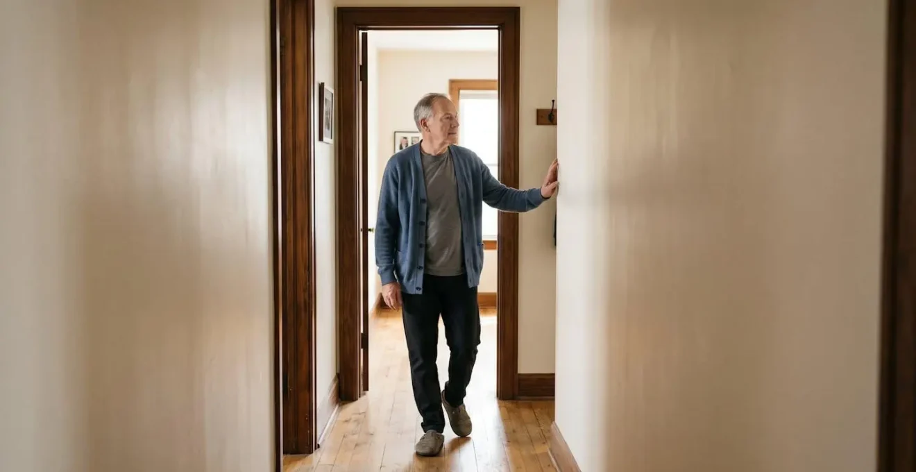 Older adult carefully navigating through doorway demonstrating spatial awareness and proprioceptive challenges
