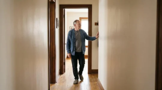 Older adult carefully navigating through doorway demonstrating spatial awareness and proprioceptive challenges