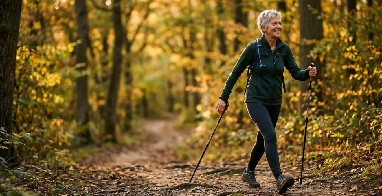 Active senior using Nordic walking poles on outdoor path demonstrating proper cardiovascular exercise technique