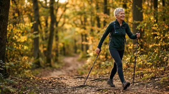 Active senior using Nordic walking poles on outdoor path demonstrating proper cardiovascular exercise technique