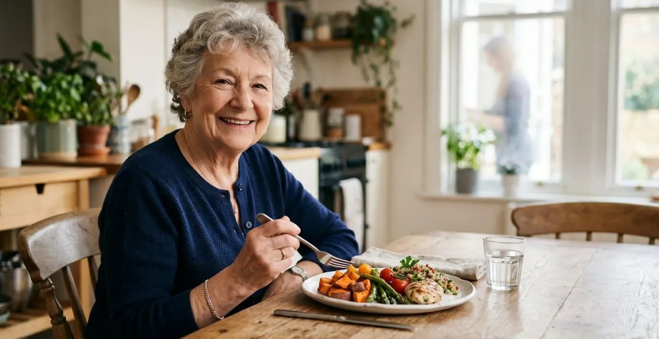 Senior adult enjoying a colorful, small-portioned meal in warm natural lighting, emphasizing nutritious eating with reduced appetite