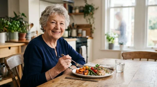 Senior adult enjoying a colorful, small-portioned meal in warm natural lighting, emphasizing nutritious eating with reduced appetite