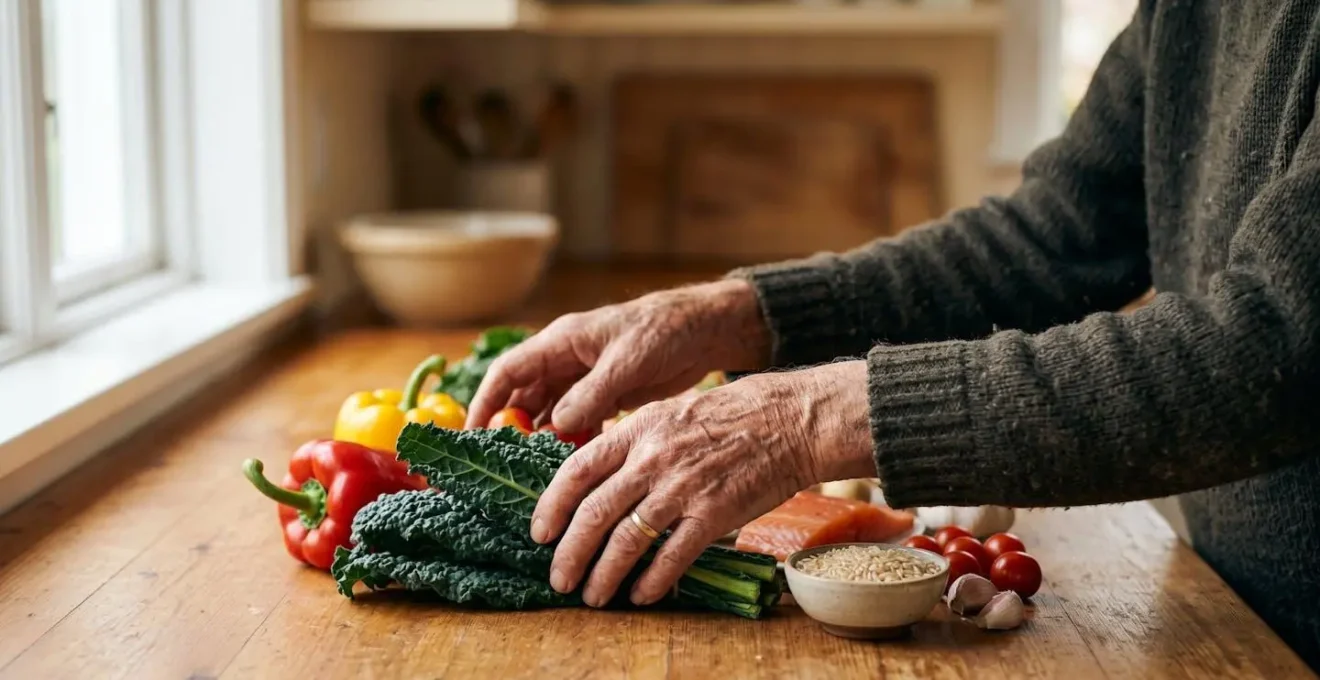 Elderly hands carefully arranging diverse colorful fresh vegetables and protein sources on a wooden kitchen table, symbolizing personalized nutrition planning for multiple health conditions