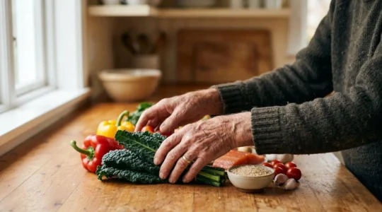 Elderly hands carefully arranging diverse colorful fresh vegetables and protein sources on a wooden kitchen table, symbolizing personalized nutrition planning for multiple health conditions