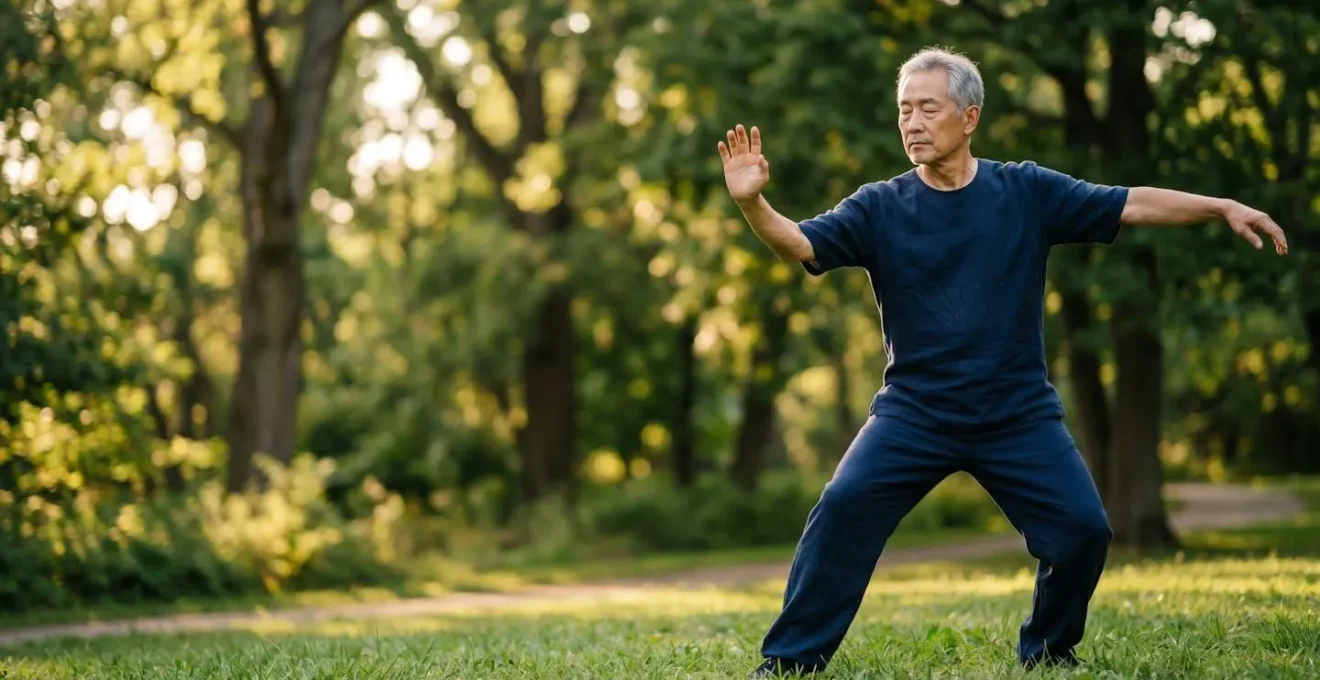 Senior adult performing graceful Tai Chi movements outdoors in a peaceful park setting for arthritis management