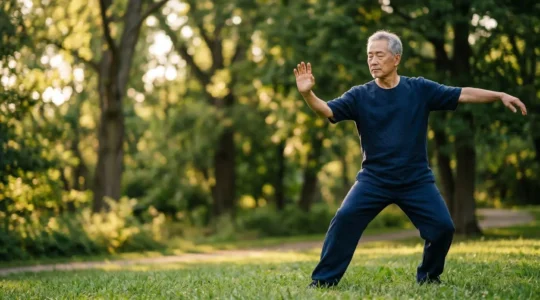 Senior adult performing graceful Tai Chi movements outdoors in a peaceful park setting for arthritis management
