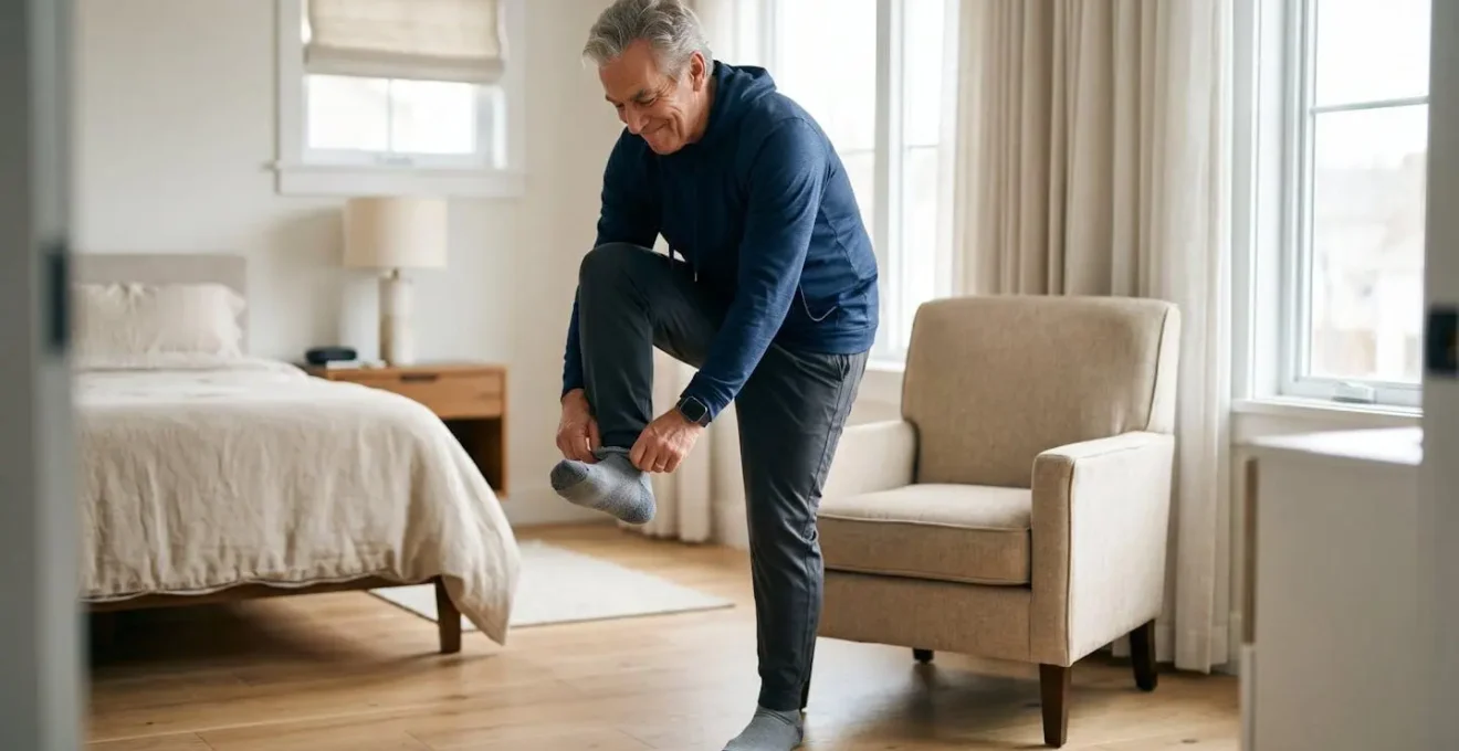 Senior adult balancing on one leg while putting on sock, demonstrating functional mobility and independence