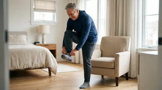 Senior adult balancing on one leg while putting on sock, demonstrating functional mobility and independence