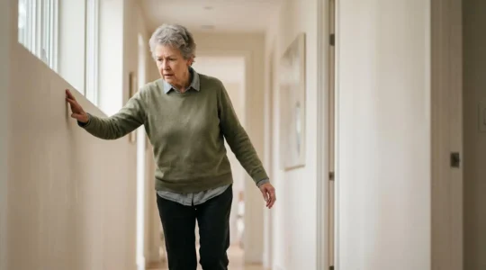 Elderly person experiencing vertigo and balance difficulty while standing