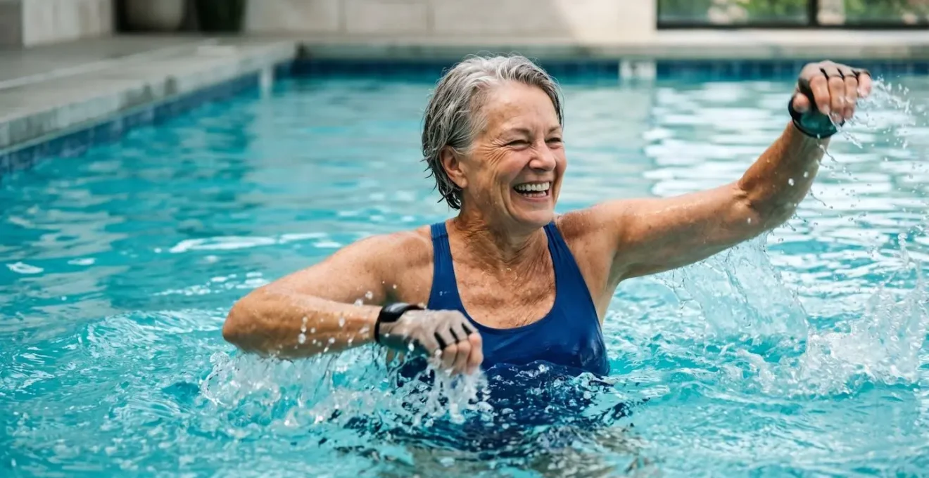 Active senior exercising vigorously in chest-deep pool water with peaceful confidence and freedom of movement
