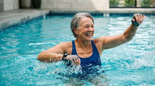 Active senior exercising vigorously in chest-deep pool water with peaceful confidence and freedom of movement
