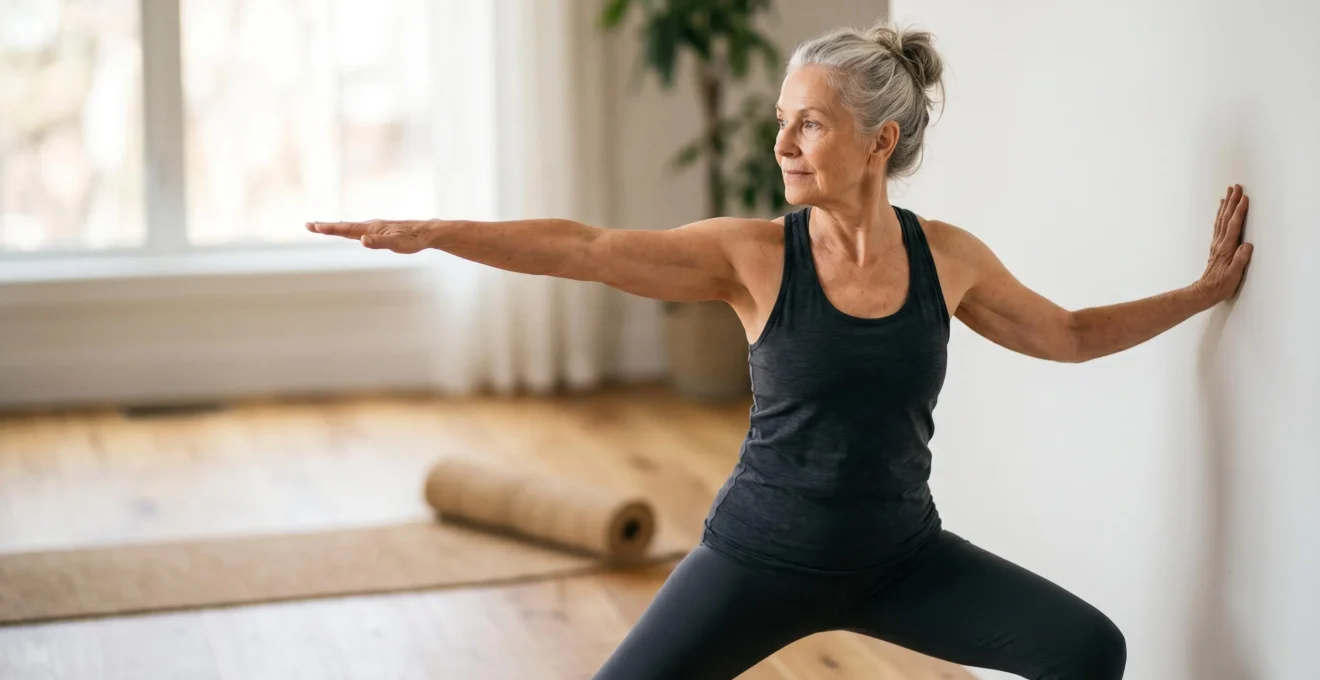 Senior practicing Warrior II pose with wall support for leg strength and balance