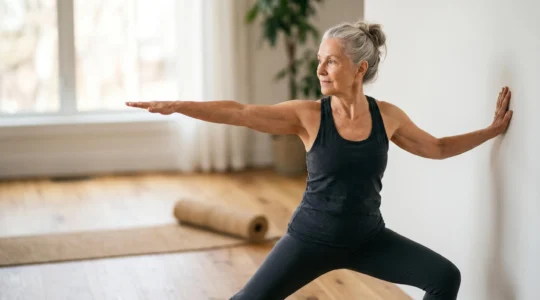 Senior practicing Warrior II pose with wall support for leg strength and balance