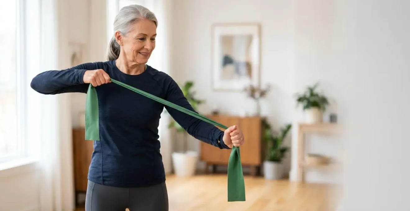 Senior woman performing gentle resistance band exercise in bright, naturally lit home environment