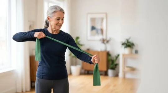 Senior woman performing gentle resistance band exercise in bright, naturally lit home environment