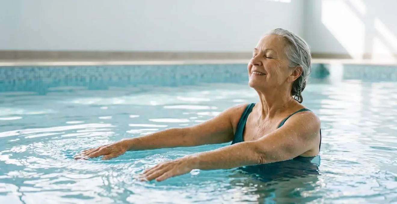 Senior woman peacefully exercising in warm therapeutic pool demonstrating hydrotherapy for arthritis relief