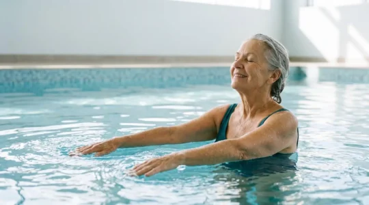 Senior woman peacefully exercising in warm therapeutic pool demonstrating hydrotherapy for arthritis relief