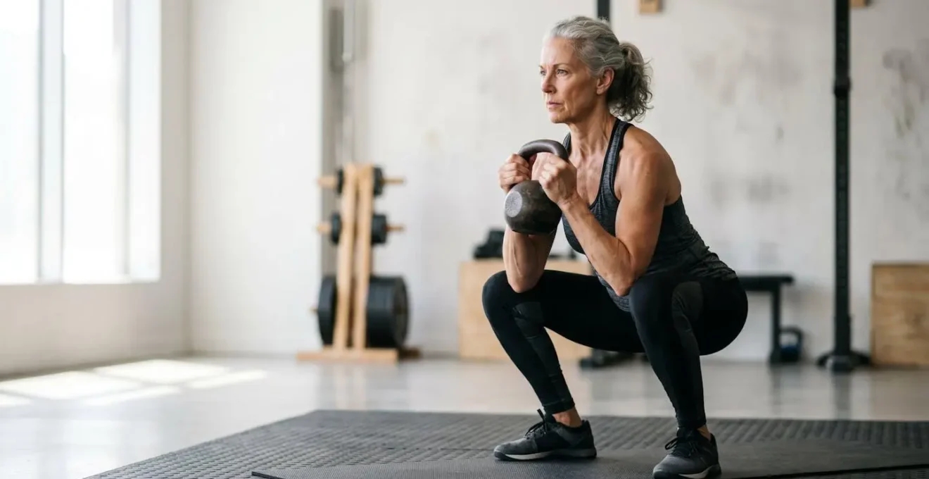 Fit woman over 60 performing a weightlifting exercise with proper form, showcasing strength and confidence