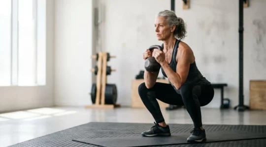 Fit woman over 60 performing a weightlifting exercise with proper form, showcasing strength and confidence