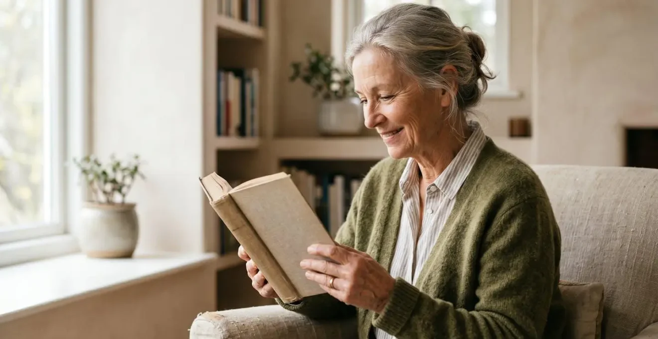 Older adult deeply engaged in reading a book in peaceful natural window light showing sustained concentration