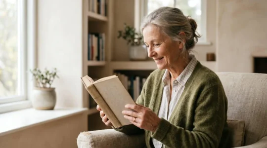 Older adult deeply engaged in reading a book in peaceful natural window light showing sustained concentration