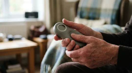 A senior's hands gently holding a modern health tracking device, symbolizing proactive health monitoring and weekly vital signs awareness
