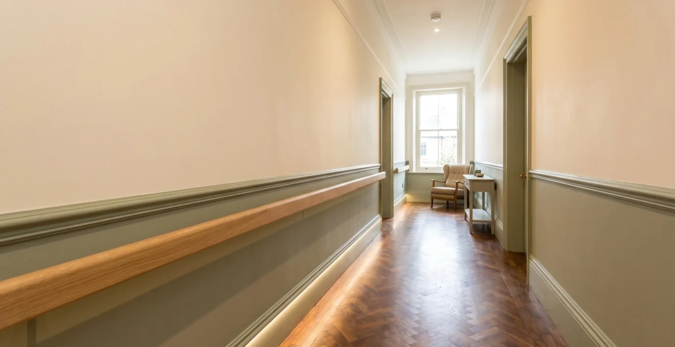 Elegant Victorian terrace hallway adapted for senior living with integrated safety features and natural lighting