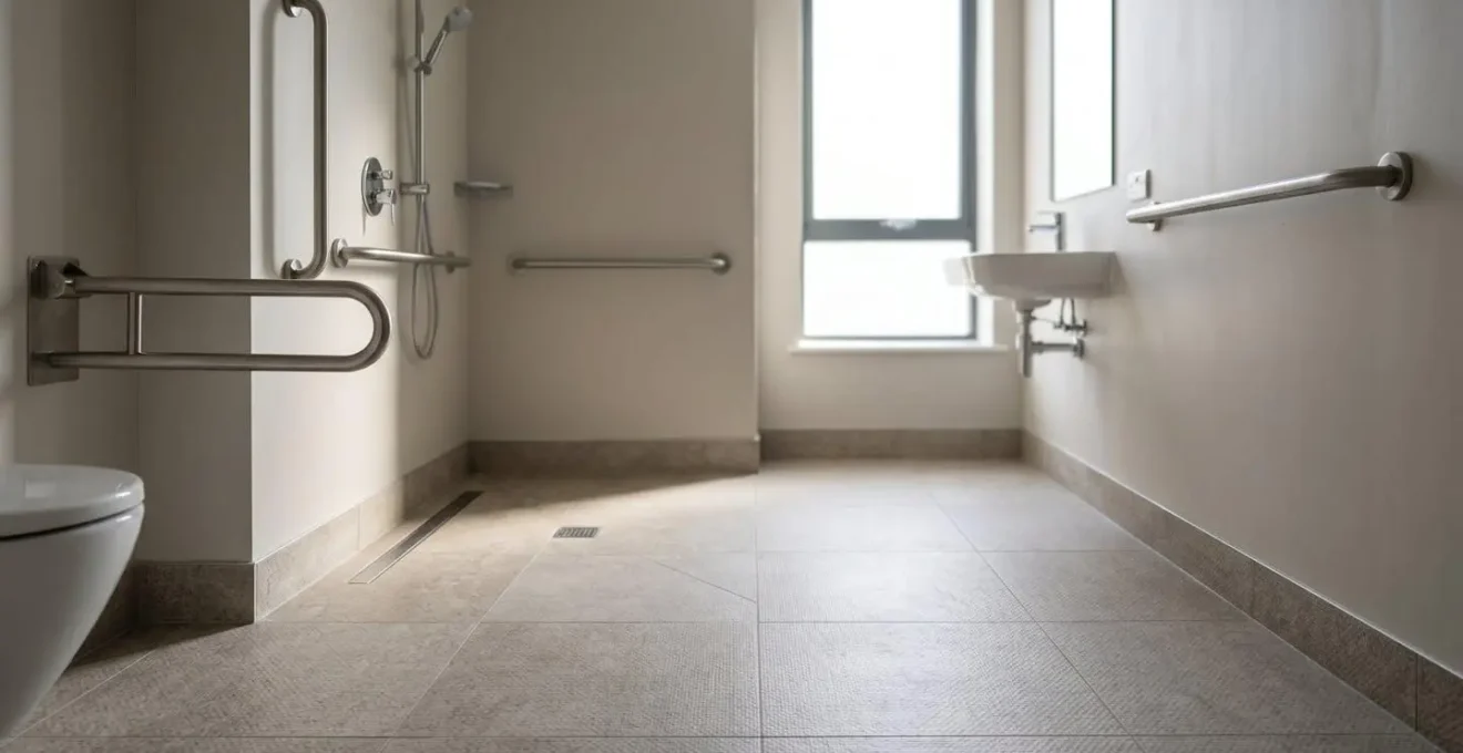 Modern barrier-free wet room with level-access shower and wheelchair maneuverability space