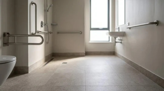 Modern barrier-free wet room with level-access shower and wheelchair maneuverability space
